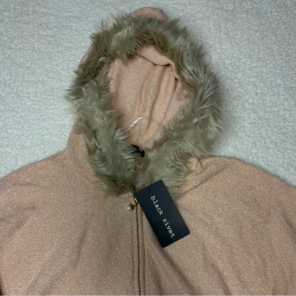 Black Rivet Women Pink and Gold Faux Fur Trim Hooded Poncho - Picture 2 of 9